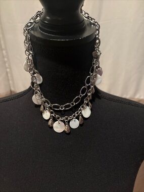 Silver-Tone Shell Disc & Teardrop Charm Necklace - White Shell Accents